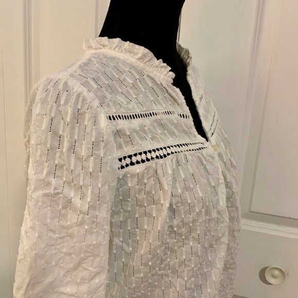 Loft White Cotton V Neck Long Sleeve Ruffle Trim Top Small - Picture 9 of 11